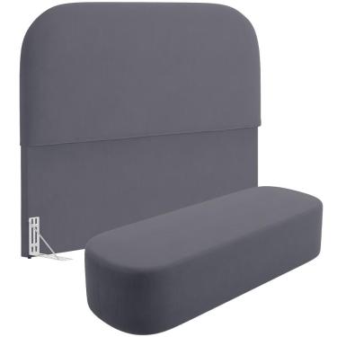 Imagem de Cabeceira Lanna para Cama King 195cm Estofada em Madeira Maciça com Suede Cinza com Puf...