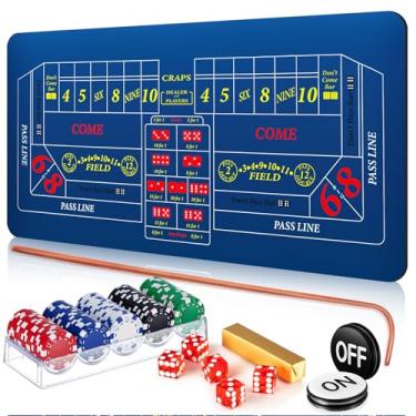 Imagem de Leyndo Conjunto de jogo de mesa Craps, inclui tapete de borracha de 89 cm x 178 cm, bastão de vime de 91 cm, dados AAA de 19 mm, botões liga/desliga de 7 cm e 100 fichas de pôquer com estojo (azul)