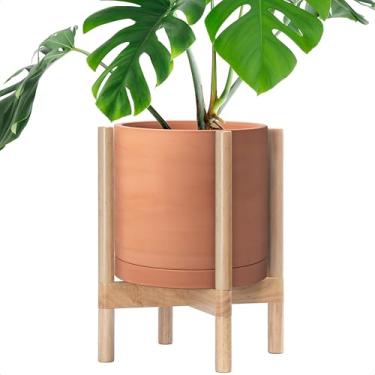 Imagem de D'vine Dev Vaso de terracota com suporte natural - Vaso de flores redondo moderno de 30 cm com suporte de plantador de madeira, terracota, 55-B-J-5