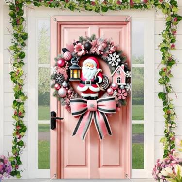 Imagem de BlissYard Faixa rosa para porta de Papai Noel, 89 x 188 cm, guirlanda de Natal para pendurar na parede com casa e laço, decoração de varanda para inverno, ambientes internos e externos, festas de fim