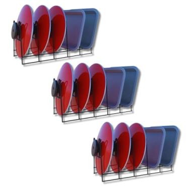 Imagem de Kit com 3 Suportes Porta Refratário Para tampa de panela tábuas Assadeiras Frigideiras Travessas de vidro e Formas de bolo Organizador para Cozinha Aramado 33cm x 15cm Preto