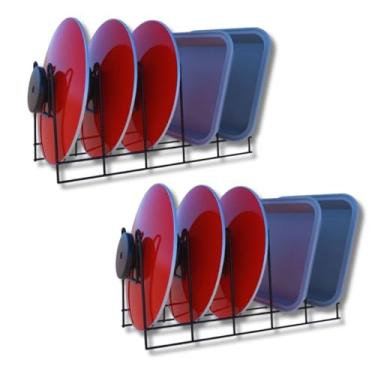 Imagem de Kit com 2 Porta Refratário Para tampa de panela tábuas Assadeiras Frigideiras Travessas de vidro e Formas de bolo Organizador de Armário de Cozinha Aramado 33cm x 14cm Preto