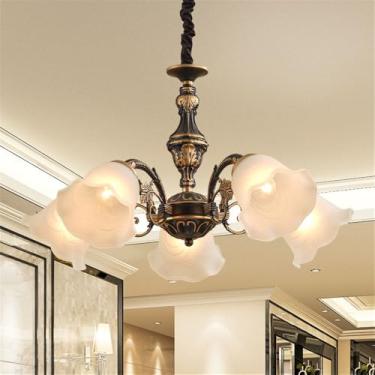 Imagem de OUFULA Lustre retrô americano LED Europeu Luxo Sala de Estar Restaurante Quarto Estudo Villa Hotel Café Lâmpada Pendente (H 5 Luzes)