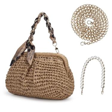 Imagem de tutuebobe Bolsas clutch de palha de verão para mulheres, bolsas transversais de palha de tecido de praia com corrente de pérola, bolsa de vime, Marrom