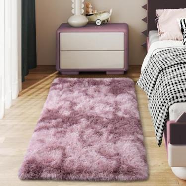 Imagem de Ailyei Tapetes macios para corredores de quarto, 2 x 4 tie-dyed cinza roxo fofo tapete antiderrapante para dormitório de cabeceira, tapete peludo longo e felpudo para berçário sala de estar