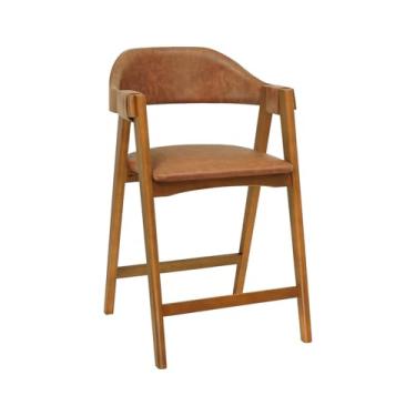 Imagem de Banqueta Alta Bistrô New York Madeira Maciça - Amêndoa - Assento Estofado Corano Marrom Mescla