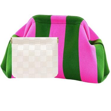 Imagem de Vpoofree Bolsas de mão para mulheres, bolsa de crochê, bolsa de crochê listrada com nuvens, bolsa de noite verão praia, Bolsas clutch de tecido listrado rosa e verde