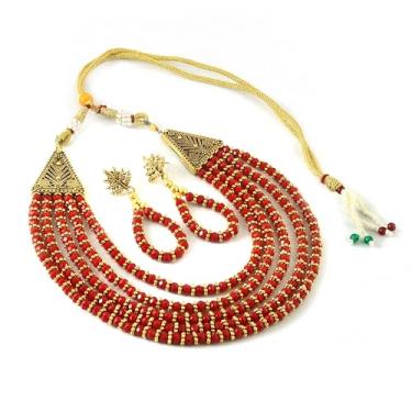 Imagem de Jewar Haat Conjunto de colar de pérolas indianas tradicionais com vários fios, design antigo banhado a ouro com brincos combinando, branco, joia com contas vermelhas, Adjustable, Latão Latão Contas de