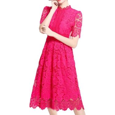 Imagem de Mulheres Renda Vestido Estampado Oco Gola Redonda Manga Curta Casual Festa Linha A Vestidos Midi, 2, L