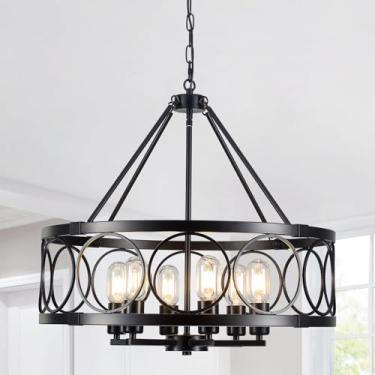 Imagem de Lustre de fazenda 6 luzes, lustres modernos de tambor preto de 57 cm para sala de jantar, luminária de altura ajustável, lustre suspenso industrial para ilha de cozinha, sala de estar, entrada