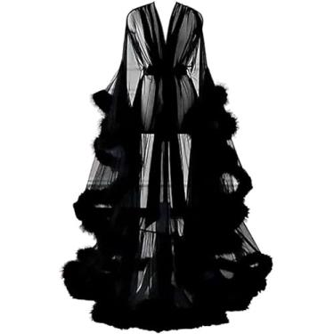 Imagem de Mulheres Sexy Lllusion Longo Lingerie Robe Camisola Feather Robe Fur Trim Robe Camisola Roupão De Banho Sleepwear Feather Nupcial Robe Vestido De Noiva, K, One Size