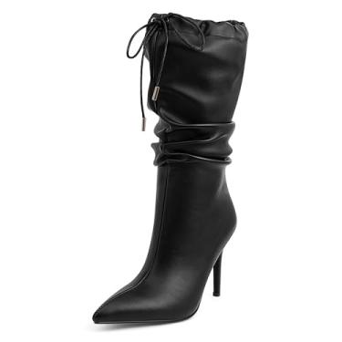Imagem de yowmns Botas femininas despojadas de bico fino, cano médio, cano médio, couro sintético, salto alto com cordão, botas sociais, Preto, 40