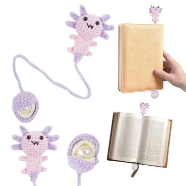 Imagem de Marcadores de página axolotl de crochê, marca de livro feita à mão de animais marinhos tricotados em 3D com moluscos e pérolas, lindos presentes personalizados para mulheres, leitoras, professoras e