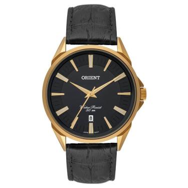 Imagem de Relógio Masculino Dourado Orient Data Pulseira Couro Preto