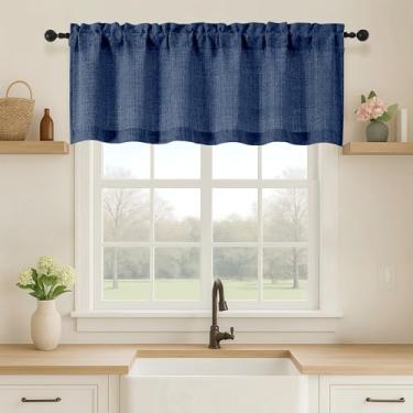 Imagem de OVZME Saia azul marinho para janelas, cortinas curtas de linho sintético texturizadas com filtro de luz para janelas, cortina curta para casa de banho, 152 cm L x 45 cm, 1 peça