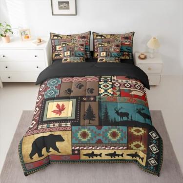 Imagem de Conjunto de edredom rústico tamanho solteiro, 7 peças, chalé, urso, alce, veado, para crianças, meninos, meninas, sudoeste, casa de fazenda, animal, cama em uma bolsa, marrom, xadrez, decoração de