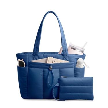 Imagem de TOPDesign Bolsa feminina com porta-copos, compartimento para laptop, bolsa de cosméticos e bolsa de carrinho para trabalho, viagens, Azul, Medium, Casual