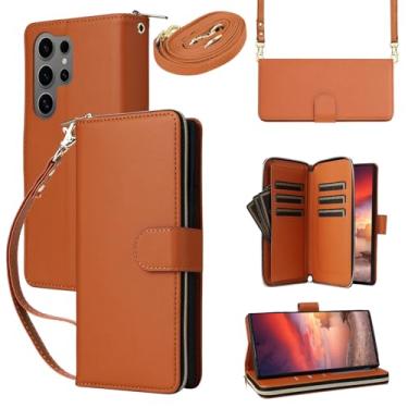 Imagem de Capa carteira para Samsung Galaxy S24 Ultra com cordão ajustável e alça de pulso - Couro sintético durável e TPU, 9 compartimentos para cartão, fecho magnético, suporte, capa de proteção total à prova