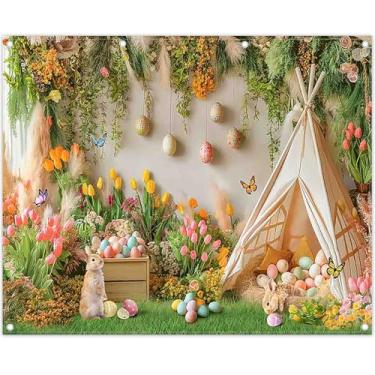 Imagem de ZTHMOE Tecido 3 x 2,4 m Primavera Páscoa Tenda Pano de Fundo Fotográfico Coelhinho Ovos Grama Verde Flores Fundo Floral Decoração Festa Infantil Festival Foto Banner Cabine