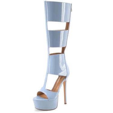 Imagem de Perisis Sandálias gladiadoras plataforma até o joelho para mulheres sexy aberto peep toe salto alto stiletto moda verão vestido festa dança botas com zíper, Patente azul claro, 36