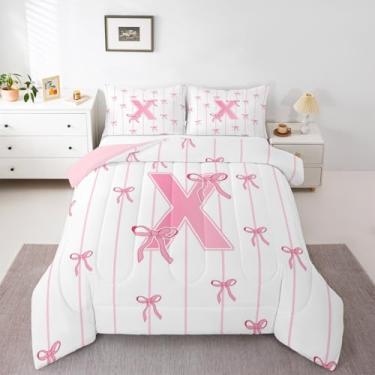 Imagem de jejeloiu Conjunto de edredom infantil com laço rosa, tamanho solteiro, com laço fofo, letra X, edredom para quarto de crianças, meninos, meninas, kawaii, decoração de laços de coquete, monograma