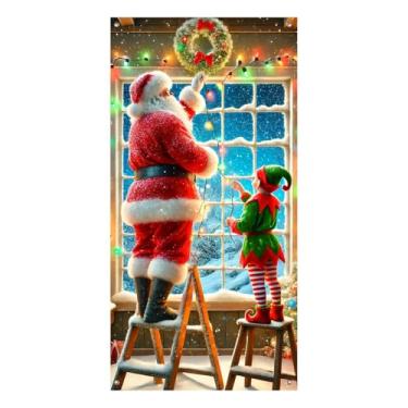 Imagem de BlissYard Capa de porta de Natal de Papai Noel e elfo 89 x 188 cm, faixa decorativa de porta com guirlanda e flocos de neve para decoração de varanda de inverno interna e externa
