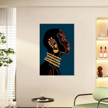 Imagem de 1 peça de arte de parede minimalista com perfil feminino - Silhueta preta com lábios vermelhos e brincos ousados, impressão de fundo azul moderna, 30,5 x 45,7 cm, sem moldura