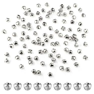 Imagem de 100 sinos para artesanato, sinos de 0,8 cm, pequenos sinos para artesanato, sinos decorativos de metal para festivais de férias, festas em casa, caixas de presente, decorações (prata)