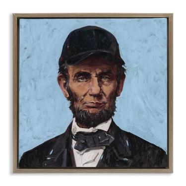 Imagem de Stupell Industries Honest Abe com boné de beisebol moldura cinza flutuante arte de parede em tela, design por Studio Bautista, 25 x 25
