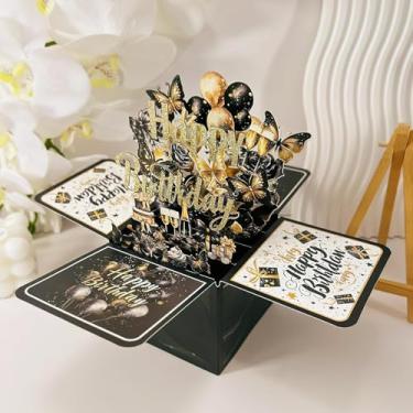 Imagem de Cartões de feliz aniversário pop-up 3D, cartão de felicitações de bolo fofo para amigos e famílias, borboletas 3D e buquê de flores para sempre - preto/borboleta