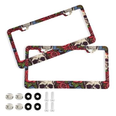 Imagem de SEHANY Molduras de placa de carro vintage rosa crânio, capas de alumínio à prova de ferrugem com furos elípticos e parafusos serve para veículos padrão dos EUA tamanho acessórios de carro para