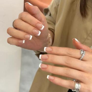 Imagem de Unhas postiças curtas médias quadradas francesas brancas com cola acrílica simples Desien cobertura completa cola acrílica artificial para manicure para mulheres, 24 peças