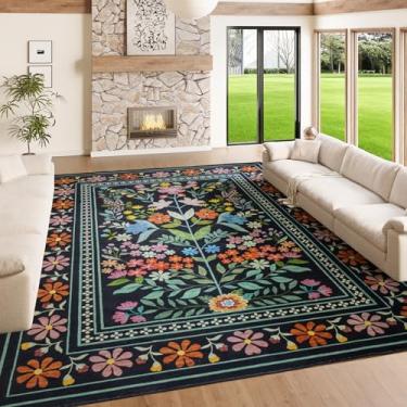 Imagem de Tapetes grandes florais pretos laváveis de 2,5 x 3,5 m - Tapete resistente a manchas, tapete vintage antiderrapante macio à prova d'água para sala de estar, quarto, sala de jantar