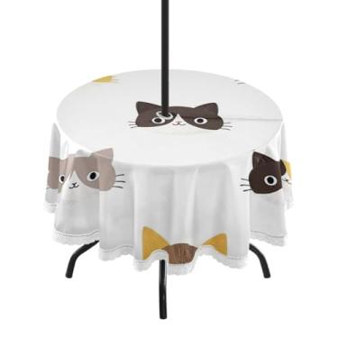 Imagem de Qilmy Toalha de mesa redonda impermeável Cat de 152 cm com orifício para guarda-chuva e zíper – uso externo / interno resistente para pátio, churrascos, piqueniques, festas (serve para mesas