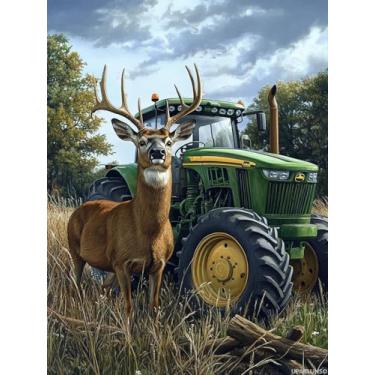 Imagem de UPABLUNSO Pintura de diamante de cervo trator faça você mesmo, 30,5 x 40,6 cm, kits de brocas redondas completas, arte em mosaico para adultos, relaxar, decoração de parede, presentes de festival