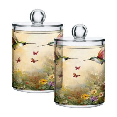 Imagem de JUZIHAI Pote de boticário de plástico transparente para beija-flores coloridas com tampa, organizador de banheiro, recipientes de armazenamento de maquiagem para bola de algodão, cotonete, fio dental