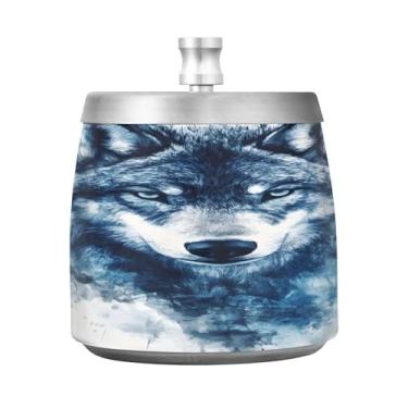 Imagem de Qilmy Cinzeiro Cool Wolf de aço inoxidável com tampa - Cinzeiro de cigarro à prova de vento sem cheiro sem fumaça para casa, escritório, carro, pátio, varanda (uso interno e externo)