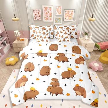 Imagem de Erosebridal Jogo de cama infantil de 7 peças, capivaras kawaii, animais de capivara, solteiro, engraçado, vida selvagem, conjunto de lençol com edredom, capivara branca, presentes femininos