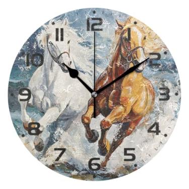 Imagem de JUZIHAI Relógio de parede com dois cavalos de corrida, silencioso, sem tique-taque, relógios de parede redondos operados por bateria, fácil de ler, relógio decorativo de parede para casa, cozinha