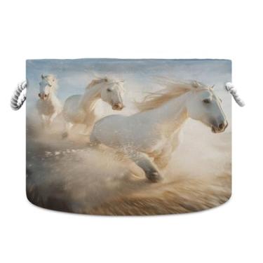 Imagem de JUZIHAI Cesta de armazenamento dobrável White Horses cesto de roupa suja para bebê, cobertor com alças de corda de algodão, caixa de brinquedos dobrável, organizador de armário para quarto, berçário