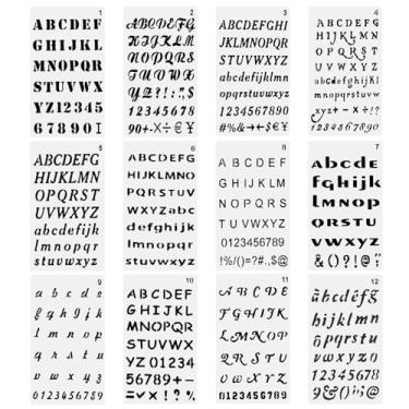 Imagem de Estênceis de letras pequenas, pacote com 12 estênceis plásticos reutilizáveis de 10 x 18 cm, modelos de números do alfabeto para diário, pintura em madeira, decoração de scrapbook, artesanato faça