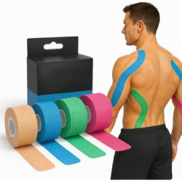 Imagem de Fita Kinésio Bandagem Elástica Tape Adesiva Premium para Fisioterapia, Suporte Muscular e Articular, Alívio de Dores, Resistente à Água - 5CM X 5M – Cores Sortidas