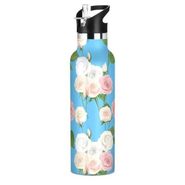 Imagem de Garrafas de água isoladas de aço inoxidável de 590 ml com tampa de canudo floral delicado rosa pálido rosas garrafas de água para meninos meninas copos de viagem para crianças parede dupla vácuo livre