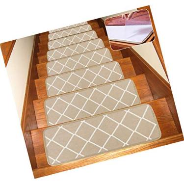 Imagem de Tapete para escada antiderrapante lavável Seloom com suporte de borracha antiderrapante especializado para degraus de madeira internos, 25.5x9.5 Inch, 13Piece, Beige