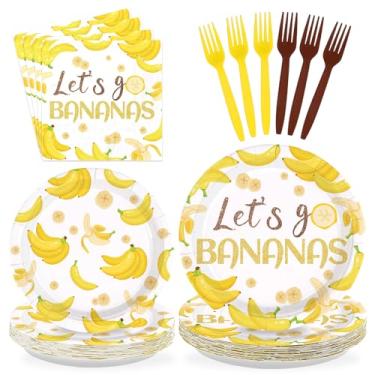 Imagem de Greencian 96 peças de bananas amarelas suprimentos de festa com glitter dourado pratos de frutas e guardanapos Let's Go Bananas Pratos de sobremesa para frutas, aniversário, chá de bebê, decorações de