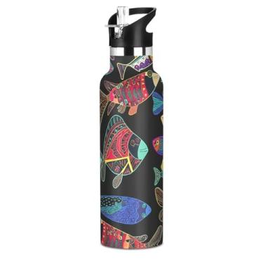 Imagem de Garrafa de água isolada para meninos para escola, peixe colorido, preto, frio, 590 ml, parede dupla, à prova de vazamento, copos de viagem de aço inoxidável para crianças com tampa de canudo