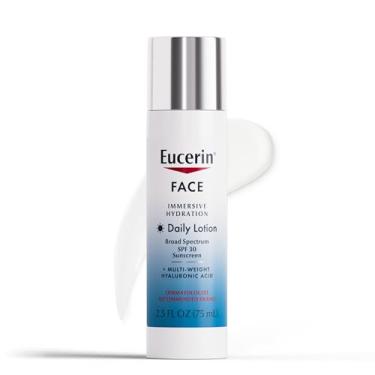 Imagem de Eucerin Hidratação facial imersiva facial loção facial amplo espectro FPS 30 protetor solar, hidratante diário com ácido hialurônico suaviza linhas finas e rugas, frasco de 2,5 ml