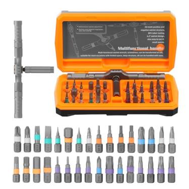 Imagem de Conjunto de chave de fenda magnética 34 em 1, chave de fenda de catraca com alça rotativa e várias pontas, kit de ferramentas de reparo portátil, conjunto de ferramentas de chave de fenda doméstica