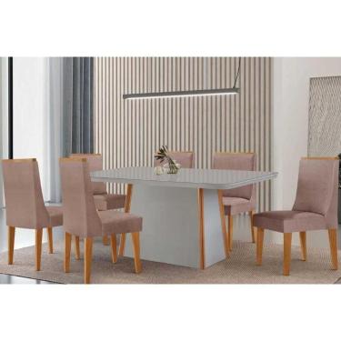 Imagem de Conjunto: Mesa de Cozinha Tilia Curvo 180cm + 6 Cadeiras Dakota Madeira Naturale/Off White - Capuccino/Linho Capuccino - Rufato