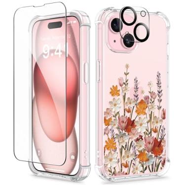 Imagem de GVIEWIN Capa para iPhone 15 Plus, [3 em 1] com protetor de tela e protetor de lente de câmera, capa de telefone floral transparente macia à prova de choque slim fit para mulheres meninas 2023 6,7